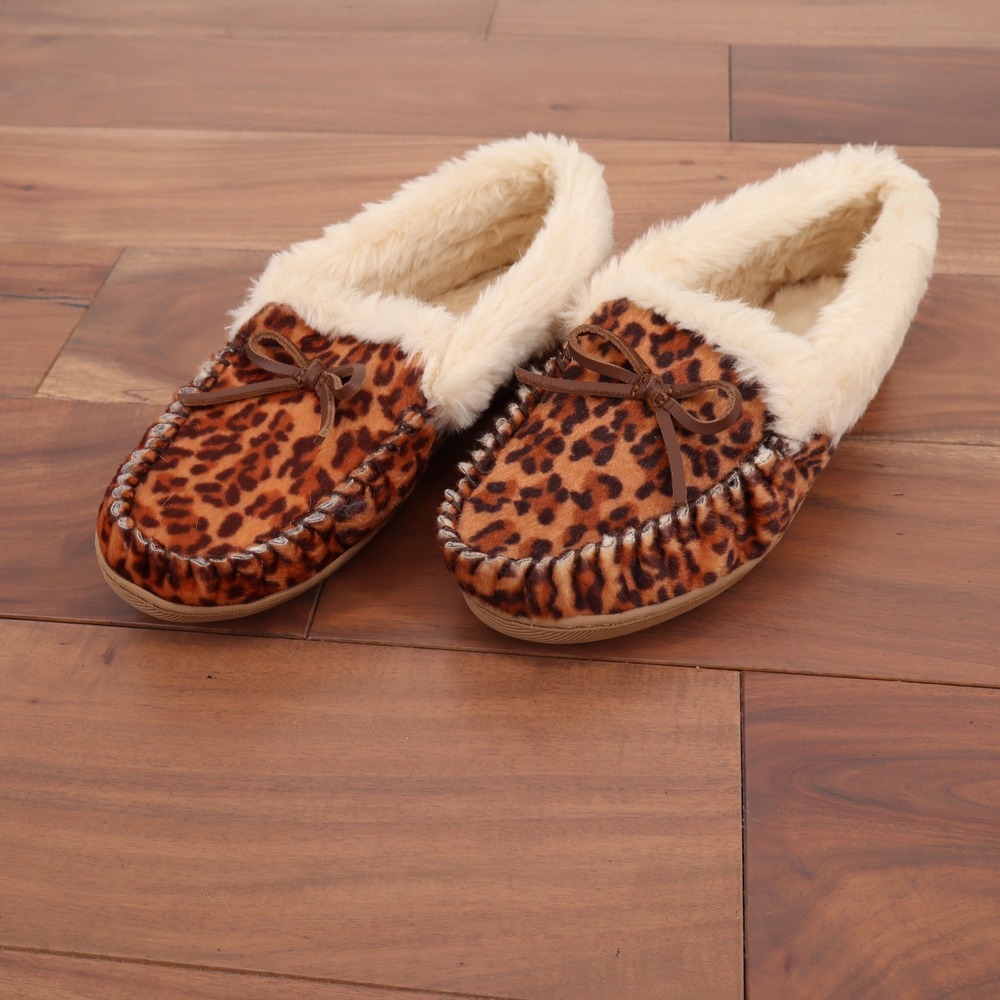 J.Crew Womens Leopard Print Faux Fur Lined Moccasin Slippers Brown Size 8